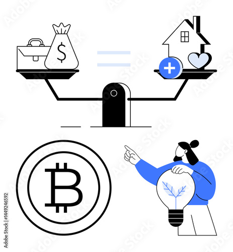 Scales balance money and health icons next to Bitcoin symbol and thinker holding lightbulb. Ideal for finance, health, decision-making, innovation, cryptocurrency, balance, planning. Flat simple