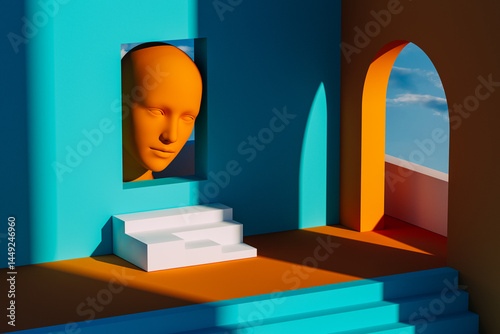 Minimalist 3D interior with vibrant colors and shapes