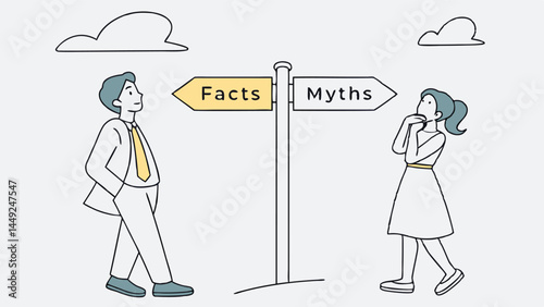 Fact vs Myth, truth or false information to make decision, belief or fiction to choose to believe, trustworthy, fraud or wrong direction concept, business people at Facts vs Myths directional sign.