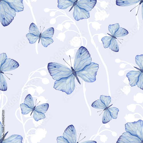 Wallpaper Mural Delicate spring seamless pattern with blue watercolor butterflies and white lily of the valley silhouettes. For fabric, wrapping paper, packaging, cover. Torontodigital.ca