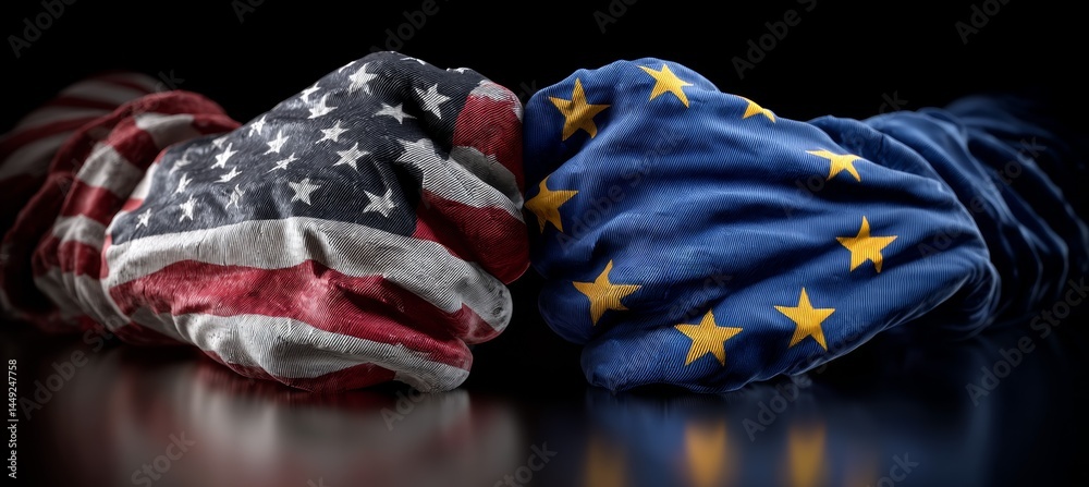 America and EU hands fist fight. Trade economy war. Import export manufacture. Politic agreement. Generative AI technology.