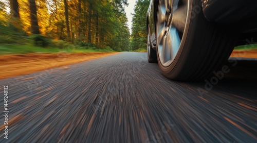 A car tire in motion on a forest road, captured from a low angle, conveying speed and travel through nature.