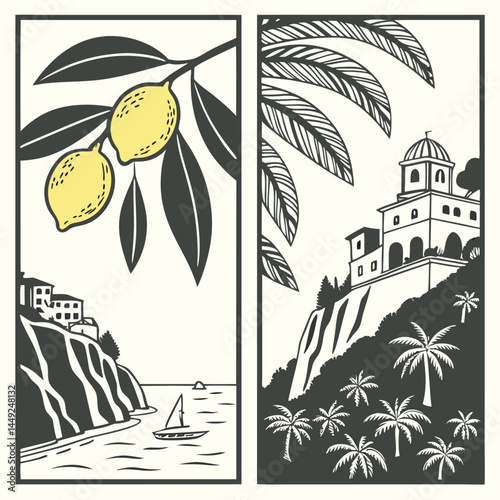 Italian amalfi sicily style vacation hand drawn vector illustrations