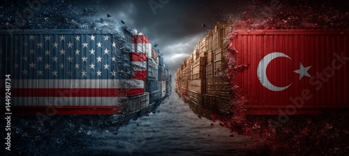 America and Turkey flag paint on container cargo. Tariff war economy. Import export trading market. Politic government diplomacy. Generative AI technology.