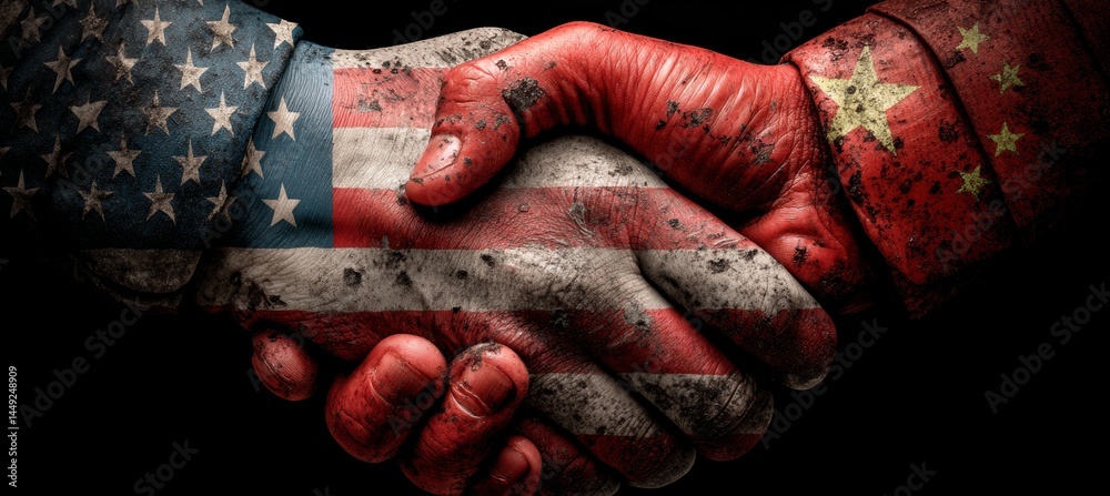 America and China flag handshake deal. Trade economy war. Import export manufacture. Politic diplomacy agreement. Generative AI technology.