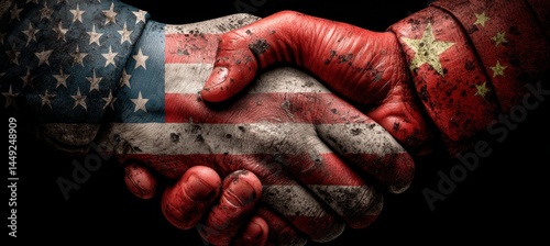 Obraz na płótnie America and China flag handshake deal. Trade economy war. Import export manufacture. Politic diplomacy agreement. Generative AI technology.
w salonie