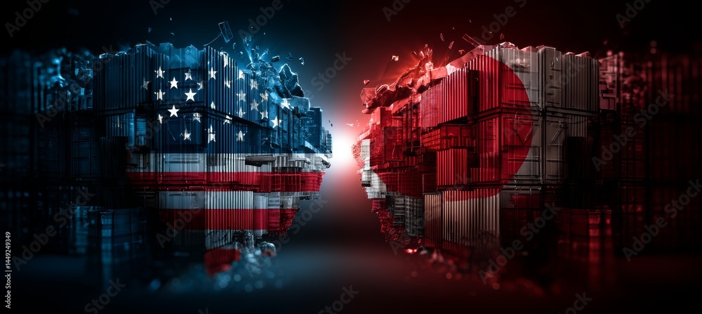 America versus Japan on tariff trade economy war. Import export manufacture. Politic agreement. Generative AI technology.