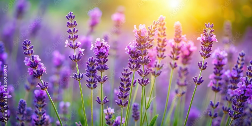 Obraz premium Colorful isolated lavender flowers with green stems and delicate leaves in a soft focus background, capturing their intricate details, nature, botanical images