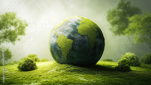 Earth nestled in a lush, green landscape. Sunlight bathes the scene