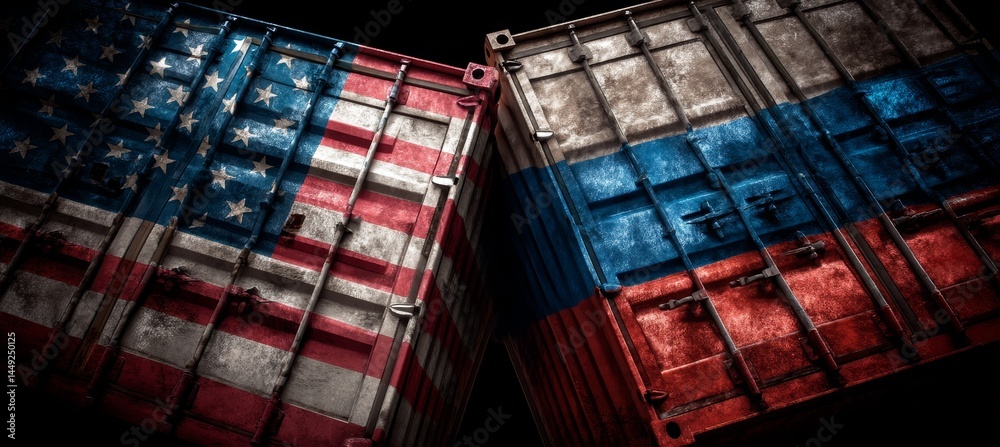 America and Russia politic and business relation. Trade economy war. Import export manufacture. Politic agreement. Generative AI technology.