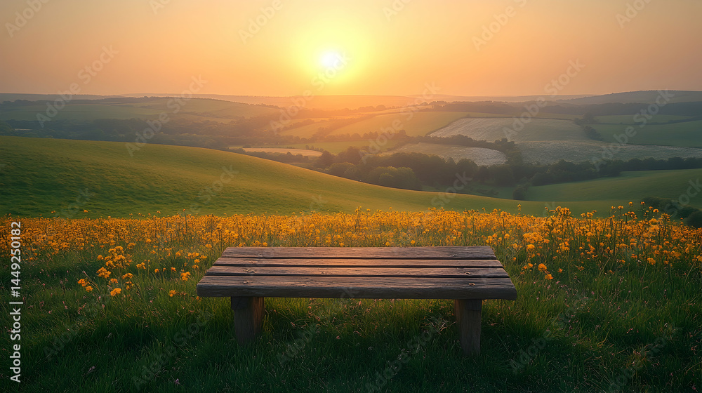 Fototapeta premium Wooden bench sits amidst a field of yellow wildflowers overlooking rolling green hills bathed in the golden light of su