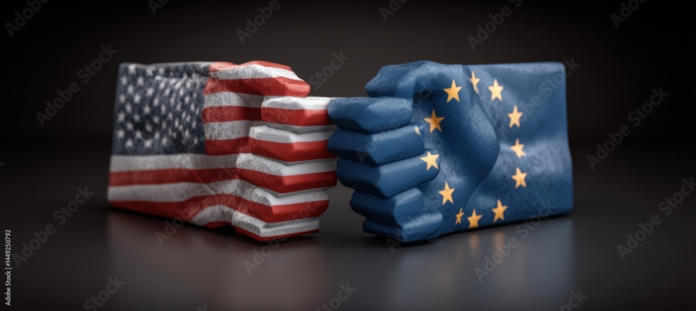 America and EU versus fight. Trade economy war. Import export manufacture. Politic agreement. Generative AI technology.