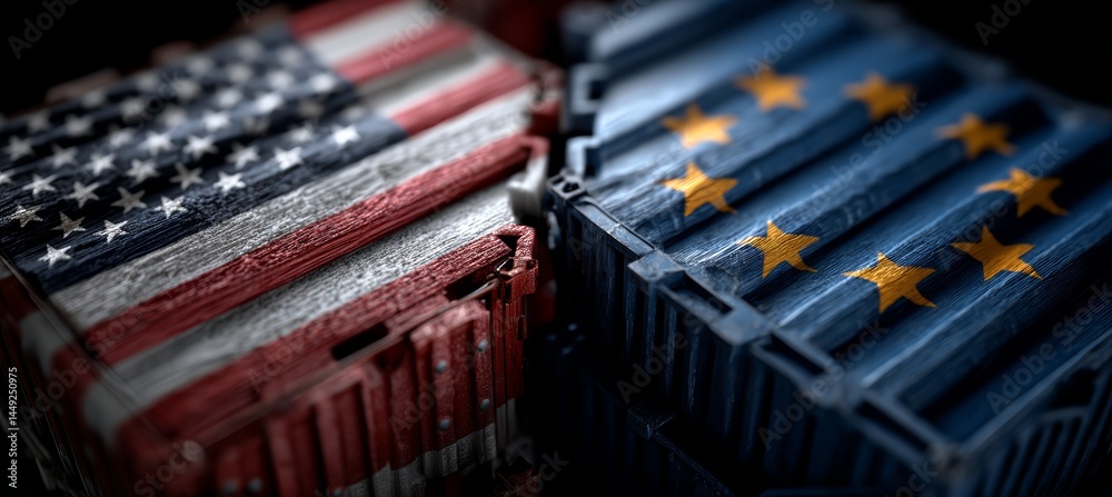 America and EU European Union relation. Trade tariff economy war. Import export manufacture. Politic agreement. Generative AI technology.