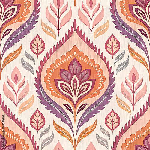 Design a contemporary Ikat pattern with a bohemian twist, featuring flowing organic shapes and soft sunset colors — dusty pink