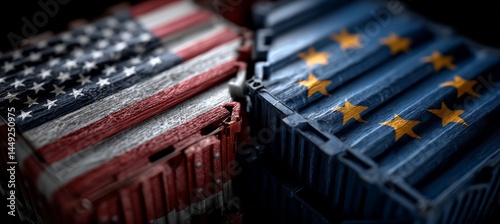 Obraz na płótnie America and EU European Union relation. Trade tariff economy war. Import export manufacture. Politic agreement. Generative AI technology.
w salonie