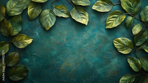 Green foliage on textured teal background