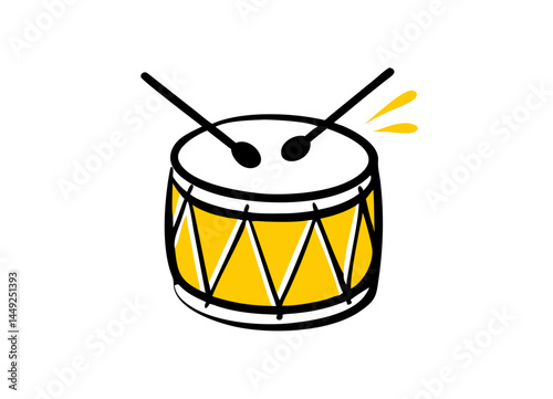 Vector Illustration of a Yellow Drum with Black and White Crisscross Design and Drumsticks Creating Sound Waves