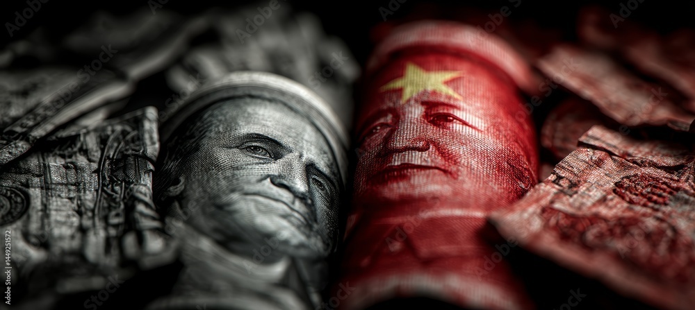 America dollar and China yuan money. Trade economy war. Import export manufacture. Politic agreement. Generative AI technology.