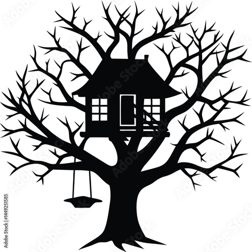 silhouette of a treehouse in branches on white 