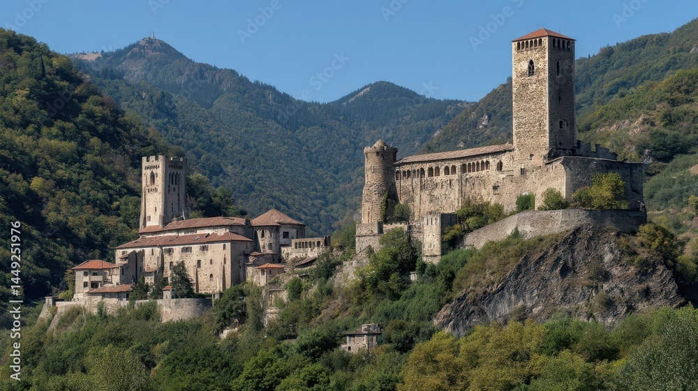 Ancient stone structures nestled among mountain slopes. Ancient stone structures nestled among mountain slopes.