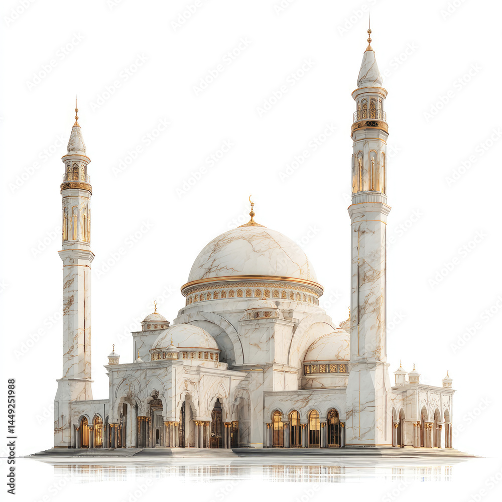 Obraz premium Elegant mosque, intricate design, light-colored stone, golden accents, Islamic architecture, two minarets, dome, reflection