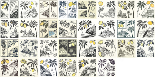 Italian amalfi sicily style vacation hand drawn vector illustrations