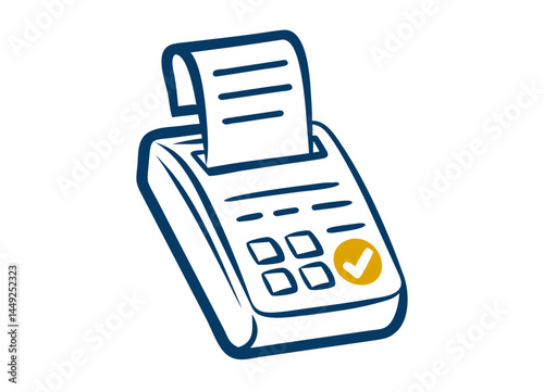 Vector Illustration of a Receipt Printer with Yellow Checkmark Symbol and Buttons – Point-of-Sale (POS) Terminal Concept