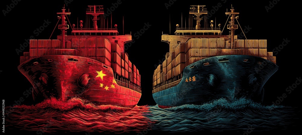 China flag on container cargo ship. Trade war economy with America. Import export trading market. Generative AI technology.