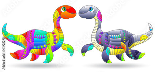 A set of illustrations in the style of stained glass with bright dinosaurs, animals isolated on a white background
