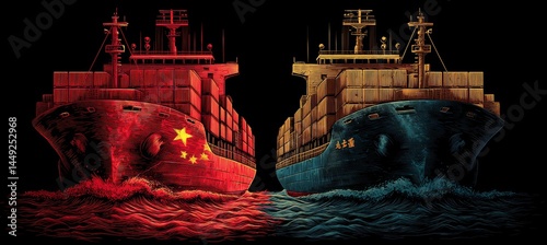 Obraz na płótnie China flag on container cargo ship. Trade war economy with America. Import export trading market. Generative AI technology.
w salonie