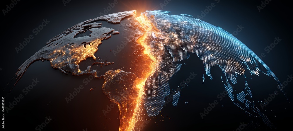 A fire line split earth to half. World planet apocalypse. Generative AI technology.