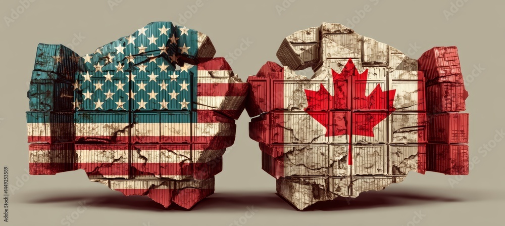 America versus Canada. Hand fist fight symbol of trade economy war. Import export manufacture. Politic agreement. Generative AI technology.