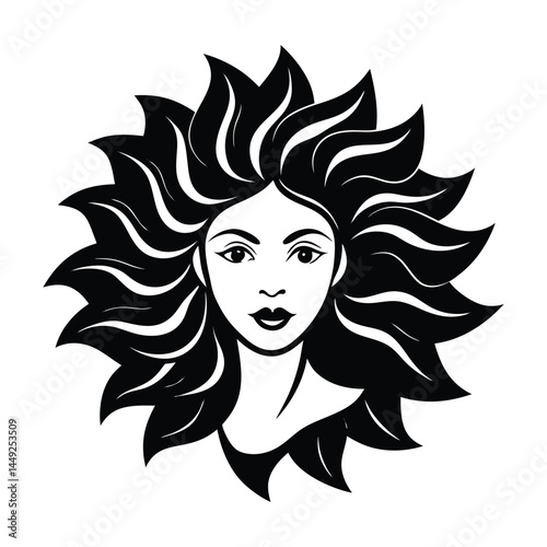 Woman's hair wave merging into flower on white background