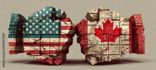 Obraz na płótnie America versus Canada. Hand fist fight symbol of trade economy war. Import export manufacture. Politic agreement. Generative AI technology.
w salonie