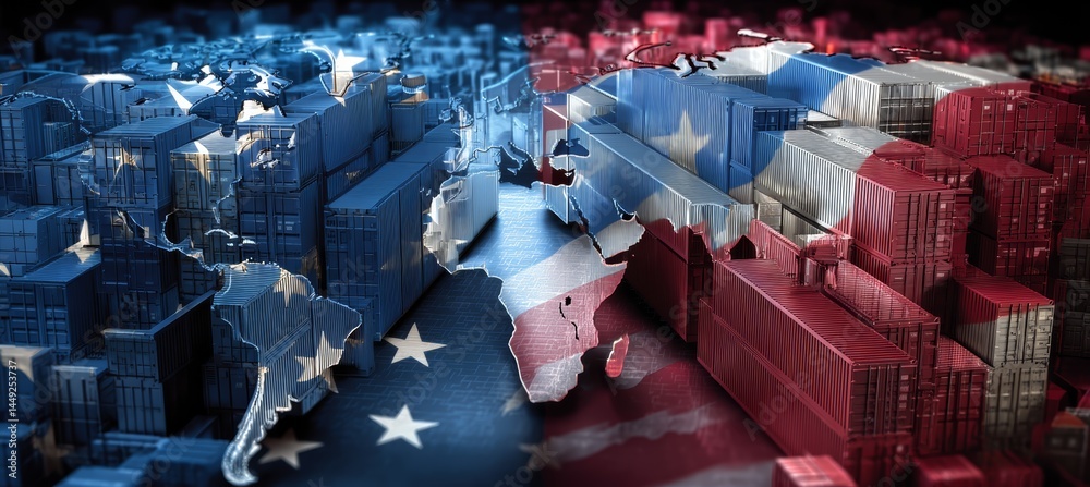 America flag on world map and container cargo. Import export manufacture world trade. Generative AI technology.