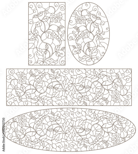 A set of contour illustrations in the style of stained glass with intertwined trunks, leaves and flowers of green peas