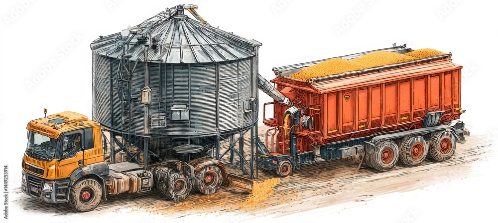 Combine harvester and wheat or corn silo. Agriculture farming business. Generative AI technology.