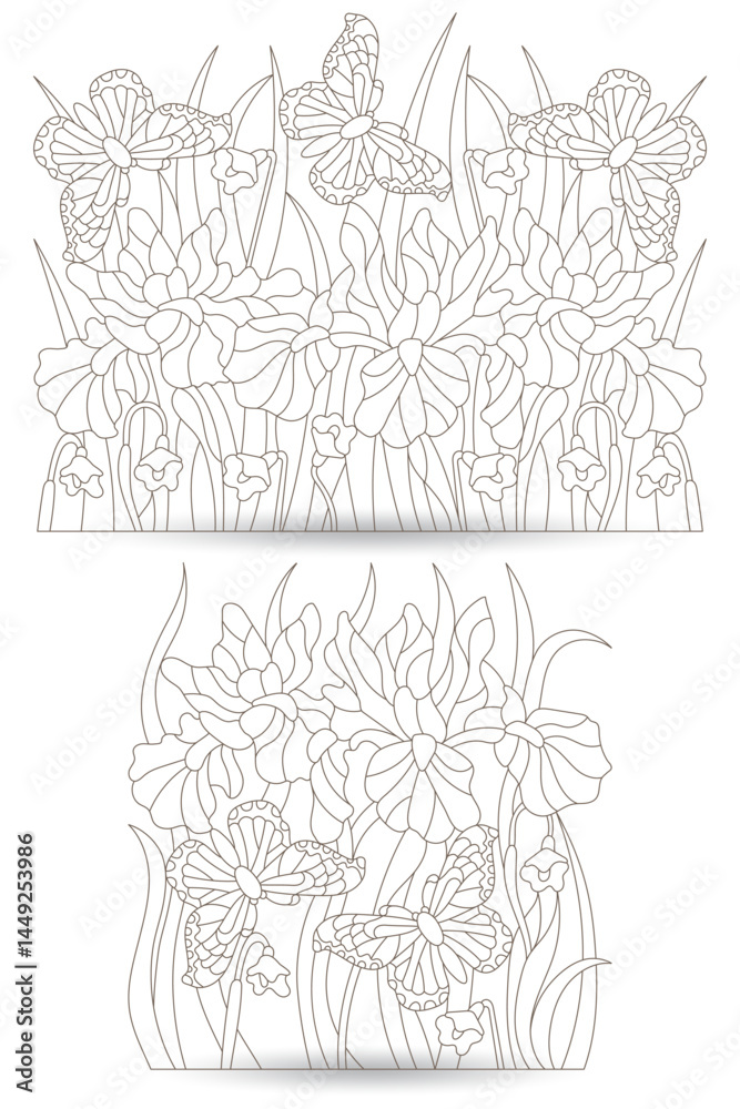 Obraz premium A set of contour illustrations in the style of stained glass with iris flowers and butterflies, dark contours on a white background