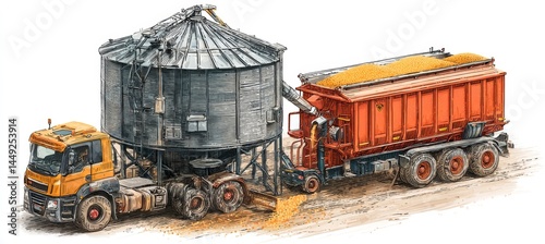 Obraz na płótnie Combine harvester and wheat or corn silo. Agriculture farming business. Generative AI technology.
w salonie