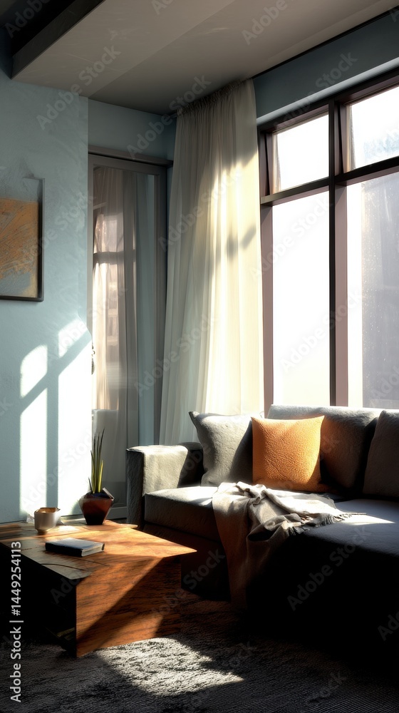 Fototapeta premium Sunny Living Room with Sofa and Coffee Table