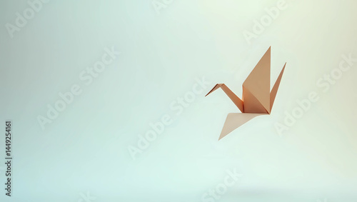 Elegant origami crane in mid-flight against a soft gradient background, symbolizing peace and creativity
