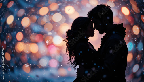 Romantic couple silhouette in winter snow bokeh background for valentine's day