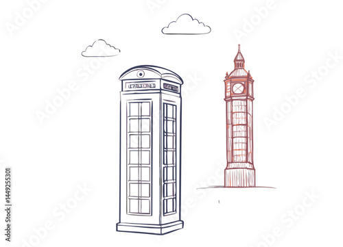 Vector Illustration of London Icons: Big Ben Clock Tower and British Telephone Booth with Minimalist Cloud Details – Representation of British Culture and Travel Concepts