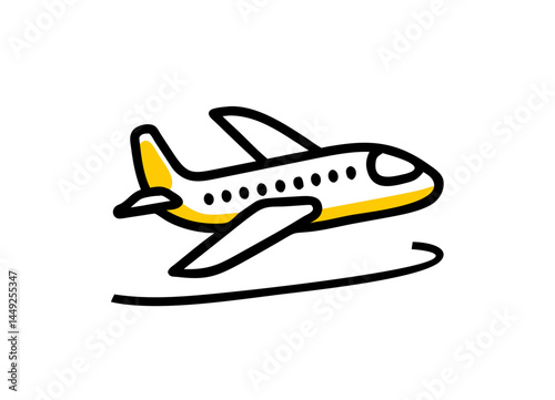 Vector Illustration of a White Airplane with Yellow Accents and Flight Path Curved Line – Minimalist Design for Travel and Aviation Concepts