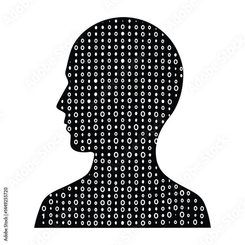 Human head made from binary codes on white background