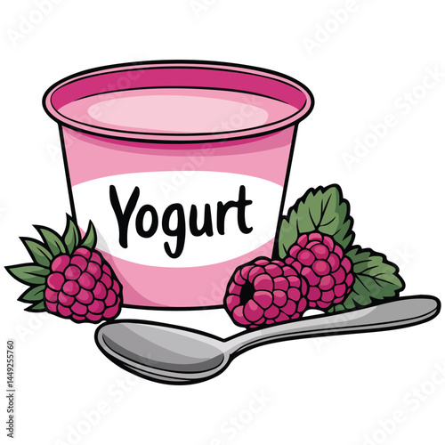 Pink raspberry yogurt cup with spoon isolated vector illustration on white background