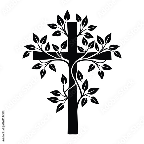 Cross with plant vines on white background
