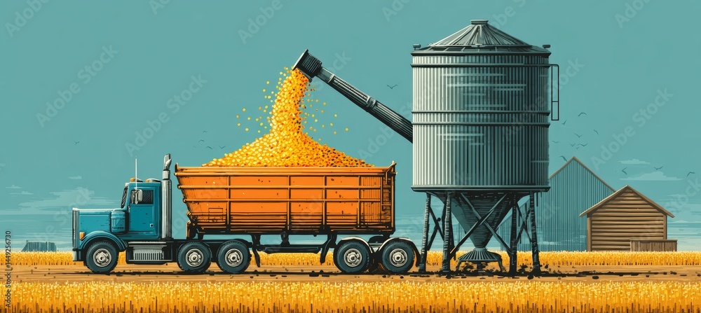 Corn silo and transport truck. Agriculture farming business. Generative AI technology.