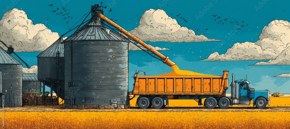 Silo pouring corn grain into transport truck. Agriculture farming business. Generative AI technology.