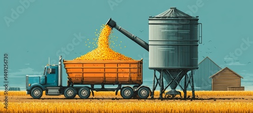 Obraz na płótnie Corn silo and transport truck. Agriculture farming business. Generative AI technology.
w salonie